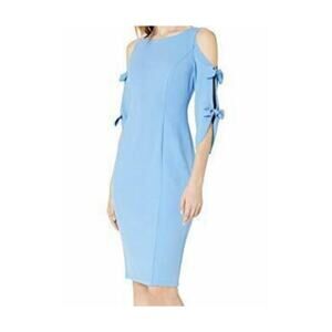 Donna Morgan Blue Sheath Dress Women’s 12 Slit Bow Sleeves Stretch Wedding Guest